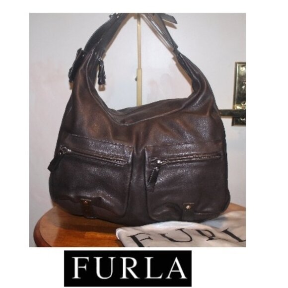 $628 XL FURLA Made in Italy Large Pebbled Leather Hobo Shoulder Bag w Duster - Picture 1 of 10
